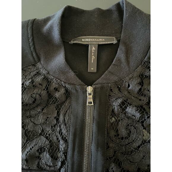 BCBGMAXAZRIA Women's Black Lace Bomber Jacket Size M Long Sleeve Zip Front - Picture 7 of 9
